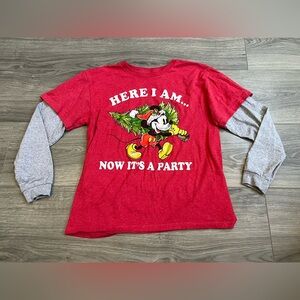 Disney Red and Gray Mickey Mouse Holiday Long Sleeve Tee